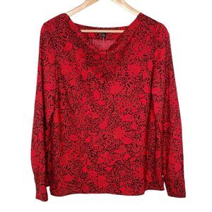 Ann Taylor Floral Cowl Neck Long Sleeve Blouse Top Red Womens Small Whimsigoth